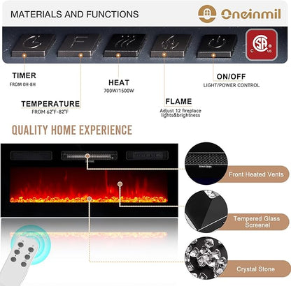 oneinmil Fireplace TV Stand with 36” Electric Fireplace, 80” 2 Tier TV Console Stand for TVs Up to 90", LED Light Entertainment Center, Fireplace for The Living Room TV Stand, Gray