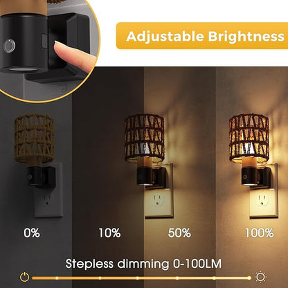 L LOHAS LED Night Lights Plug into Wall, 2 Pack Cylindrical Ironwork Boho Lampshade Decor Night Light, 350° Rotatable Dusk to Dawn Sensor Vintage Nightlight, Dimmable for Bedroom Living Room Hallway