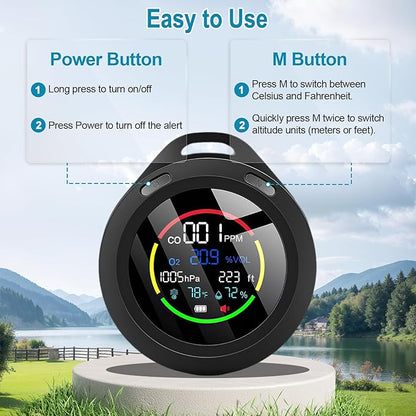 Portable Carbon Monoxide Detectors, 6-in-1 CO Detector, CO/O2/Temperature/Humidity/Altitude/Atmospheric Pressure, Portable Oxygen Detector with Alarm & Color Backlight, for Indoor, Camping, RV,Travel
