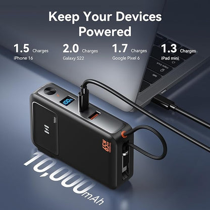 Fast Charging Portable Charger Power Bank 10,000mAh PD35W USB-C Battery Pack with 65W GaN Wall Charger, Built in USB C Cable for iPhone 16/1514/13 Series, Laptop, Samsung, Pixel, MacBook, Dell