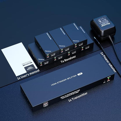 HDMI Extender Splitter 1x7 1080P@60Hz Over Cat 5E/6/7 Ethernet Cable 50m (164ft) Support HDMI loopout EDID Copy POC Function (1 in 7 Out), Monitor