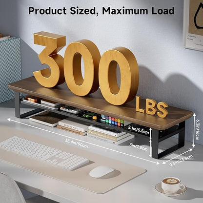 NestNeat Dual Monitor Stand, 35.4 Inch Monitor Stand Riser for 2 Monitors, 2 Tiers Wood Desk Shelf with Storage, Desktop Organizer Stand for Computer, Laptop, Printer, TV (Black Walnut, 35.4in)