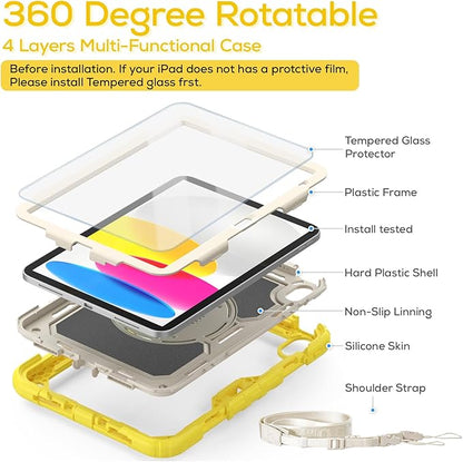 BLOSOMEET Case for iPad A16 11th/10th Generation 11''/10.9'' 2025 2022 with Tempered Glass Screen Protector, Rugged Cute Girls Boys Cover with Stand Hand Shoulder Strap, Fashion Yellow