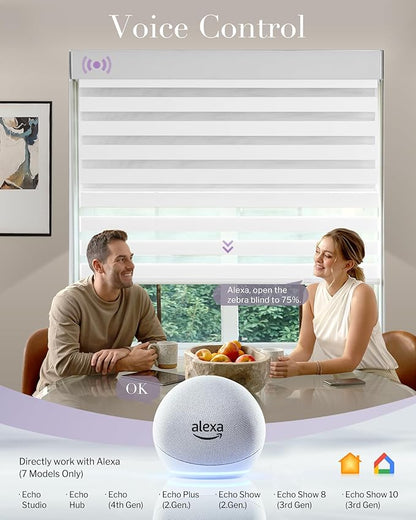 Graywind Smart Dual Shades Compatible with Alexa Google Homepod Motorized Double Zebra Blinds Matter Solar Powered, Custom Size (White)