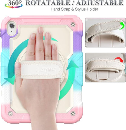 SEYMAC stock Case for iPad (A16) 11th/10th Generation 11''/10.9'' 2025/2022, Full-Body Drop Protection Case with Screen Protector &360° Rotate Hand Strap/Stand, Yellowish+Pink