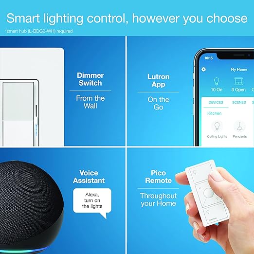 Lutron Diva Smart Dimmer Light Switch for Caseta Lighting (Lutron Smart Hub Required), for LED Lights, 150W, Single-Pole/3-Way, No Neutral, White, 2 Pack (DVRF-6LS-WH-2)