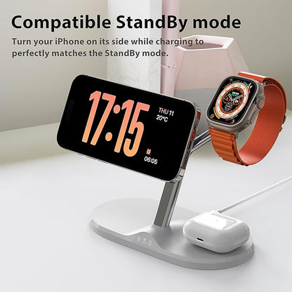 3-in-1 Wireless Charging Station for Apple Devices - Fast Charging Station for iPhone and Watch with MagSafe, Stable Charger Stand for iPhone 12-15 & iPhone 16 & iWatch & AirPods