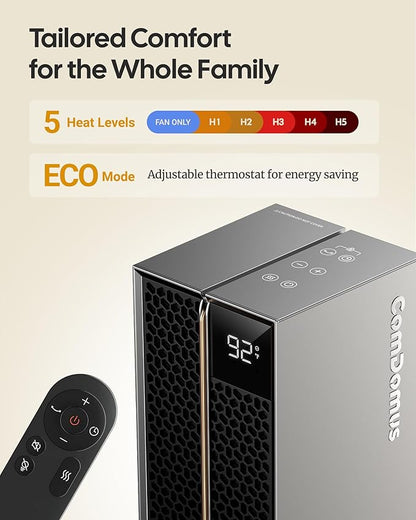 ComDomus Electric Heaters for Indoor Use, 32” Space Heater Large Room with Remote, 120° Oscillation, 5 Heat Levels, 3 Modes, Multiple Safety Protections, 1500W Ceramic Tower Heater for Bedroom, Silver