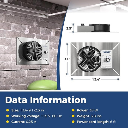 ALORAIR 260 CFM Stainless Steel Crawl Space Vent Fan - Air Out Crawlspace Ventilation Fan with Humidistat Dehumidistat, IP55 Exhaust with Isolation Mesh for Foundation Basements Garage Attic