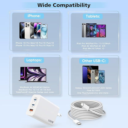 100W USB C Charger, 2Pack 140W USB C to C Woven Cable 6FT Braided Cord 100W Type C MacBook Pro Charger Block 6Foot Super Fast Phone Charging 3 Port PD & AC Charge for MacBook Pro/iPhone 16/15/iPad Pro