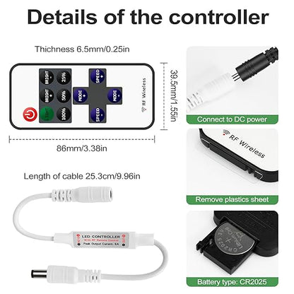 RF Mini Wireless LED Remote Controller for Single Color 3528 5050 COB LED Strip Lights,Wireless LED Control with DC Connector,RF Dimmer Switch for DC 5-24V LED Ribbon Led Shelf Lights Cabinet