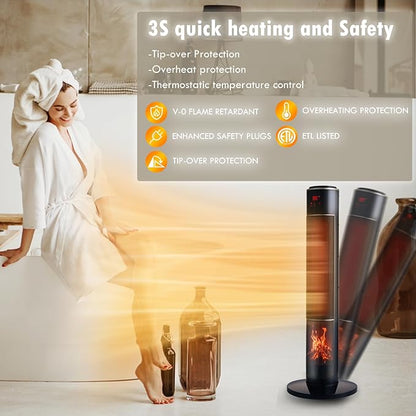 Portable Electric Space Heater for Large Room 37" Ceramic Tower Heater with 3D Flame for Room Heating,Oscillating,Remote Control,Tipover &overheating protection for Indoor Use(Black-I)