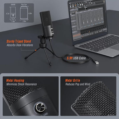 FIFINE USB Microphone, Metal Condenser Recording Microphone for MAC OS, Windows, Cardioid Laptop Mic for Recording Vocals, Voice Overs, Streaming, Meeting and YouTube Videos-K669B