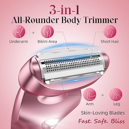 rategist Cordless Electric Razors for Women: Rechargeable Painless Bikini Trimmer for Body Hair - IPX7 Waterproof Shaver with LED Display for Face/Underarm/Leg Light Pink