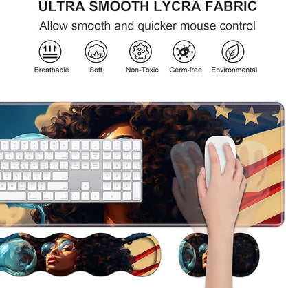 Ergonomic Keyboard Wrist Rest & Mouse Pad Wrist Rest Set, Large XXL Gaming Desk Mat 31.5"x 11.8" with Non-Slip Base, Memory Foam, Easy Typing Pain Relief for Home & Office, African American Girl