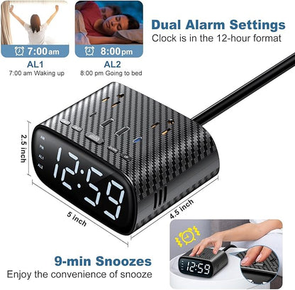 10PCS Alarm Clock with 2 USB-C, 2 USB-A Chargers Power Strip 2 Outlets - Screen LED Dimmable Digital Clock with Snooze Function - Dual Alarm for Bedside Nightstand