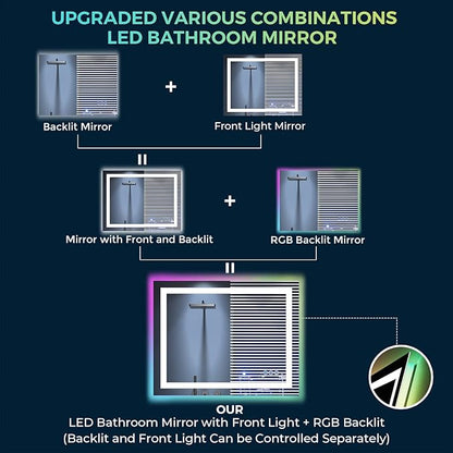 YEELAIT 36x30 Inch RGB LED Bathroom Mirror Front Light and RGB Backlit Lighted Vanity Mirror for Bathroom Wall Mounted Dimmable Anti Fog Memory Shatter-Proof IP54 Waterproof Horizontal/Vertical