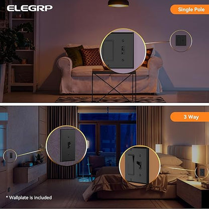ELEGRP Digital Toggle Dimmer Switch for Dimmable LED, CFL and Incandescent Light Bulbs, Single Pole or 3-Way Toggle LED Dimmer Light Switch, Wall Plate Included, UL Listed, 6 Pack, Black