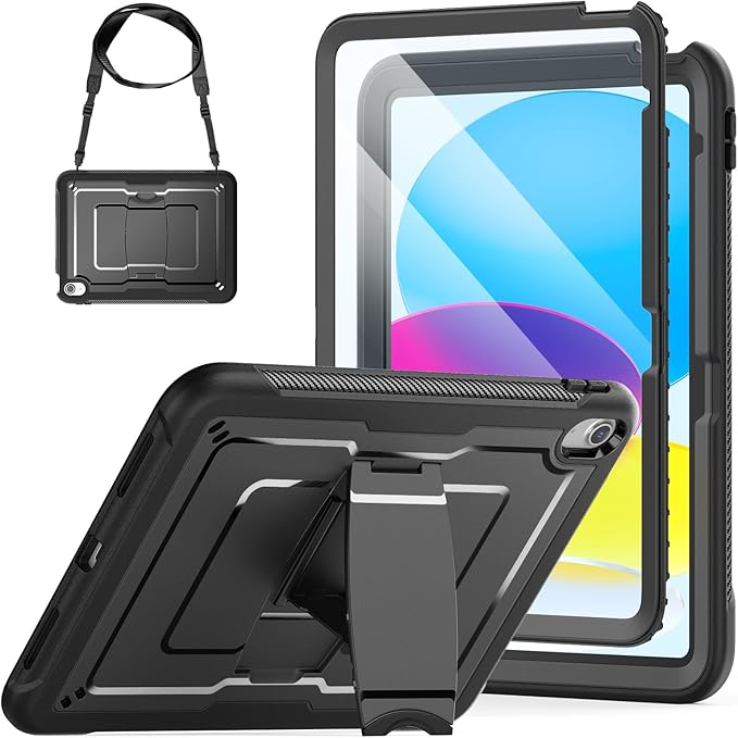 SEYMAC stock Case for iPad (A16) 11th/10th Generation 11''/10.9'' 2025/2022, with Built-in Screen Protector, Shoulder Strap, Built-in Kickstand, Rugged Full Body Shockproof Protective Case, Black