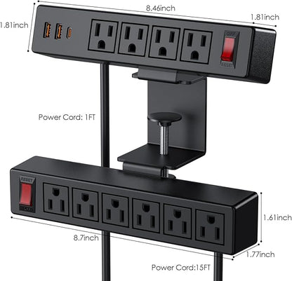 Dual Layer Desk Clamp Power Strip Surge Protector, Under Desk Power Strip with 10AC Outlets & 3 USB(20W USB-C), Desktop Edge Mount Charging Station, 15 Ft Extension Cord for Office Home (ETL Listed)