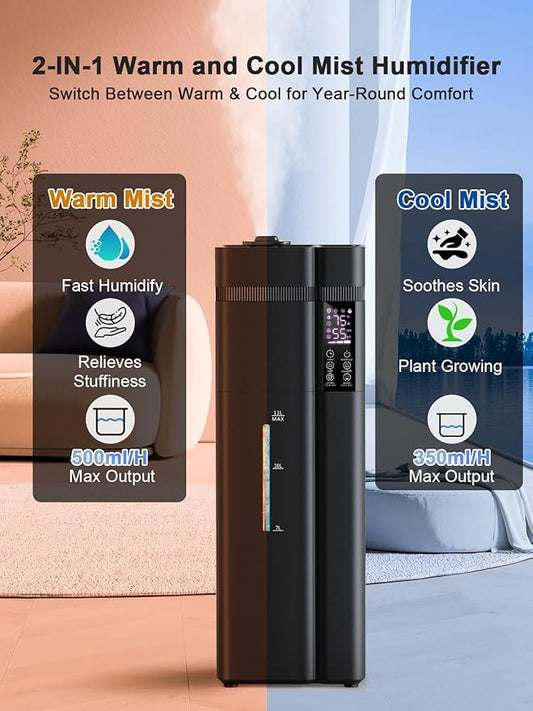 Zeova 13L/3.4Gal Humidifiers for Bedroom, Ultrasonic Warm & Cool Mist Humidifier Large Room, Covers 800ft², 72H Runtime, 24H Timer, 3 Mist Modes Top Fill Quiet Humidifiers for Home, Office, Black