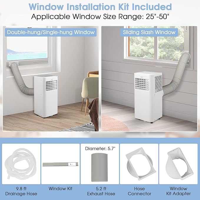 COSTWAY Portable Air Conditioner, 8000 BTU AC Unit with Built-in Dehumidifier, Fan Mode, Sleep Mode, 24H Timer, Remote Control, Window Installation Kit & Remote Control, Cools up to 250 Sq. Ft