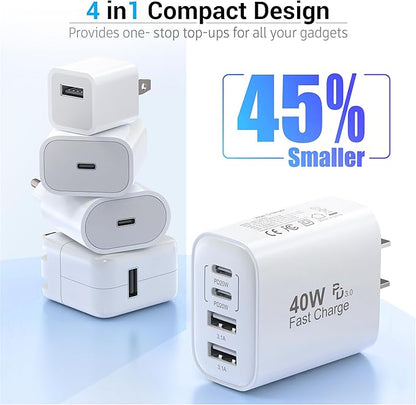 USB C Charger Block, 40W 4 Ports USB-C Wall Charger Plug Fast Charging, for iPhone Charger, QC Multiport Adapter, USB A Type C Box Brick Cube for iPhone 17 16 15 14 13 12 Pro Max, Samsung Galaxy