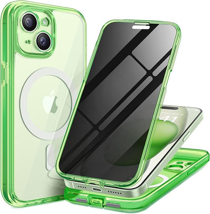 Magnetic for iPhone 15 Plus Case, Compatible with MagSafe, Built-in Privacy Screen Protector and Camera Protection, Anti Spy Full Body Dustproof Shockproof Hard Phone Case 6.7", Bright Green