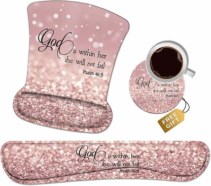 Ergonomic Mouse Pad Wrist Support and Keyboard Wrist Rest Set with Coasters, Non-Slip PU Base, Easy Typing and Relieve Wrist Pain, Perfect for Home Office Working Studying, Bible Verse Psalm 46:5