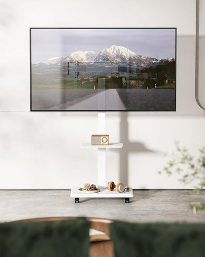 ECOTINY Steel Base Rolling TV Stand for 32-75 inch TVs up to 110 lbs, Leveling & Tilt & Swivel Mobile TV Stand with Hidden Wire Management, Height Adjustable Portable Tv Stand with Steel Shelf, White
