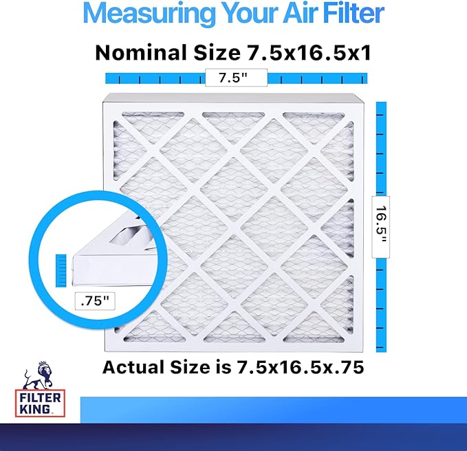 Filter King 7.5x16.5x1 Air Filter | 4-PACK | MERV 8 HVAC Pleated A/C Furnace Filters | MADE IN USA | Actual Size: 7.5 x 16.5 x .75"