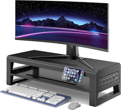 GECKOSTROLL 2-Tier Metal Computer Monitor Stand & Laptop Desk Shelf, 21.6 Inches, 22W Charging, 2 USB 3.0, 1 USB 2.0, Heavy Duty, Black, Metal