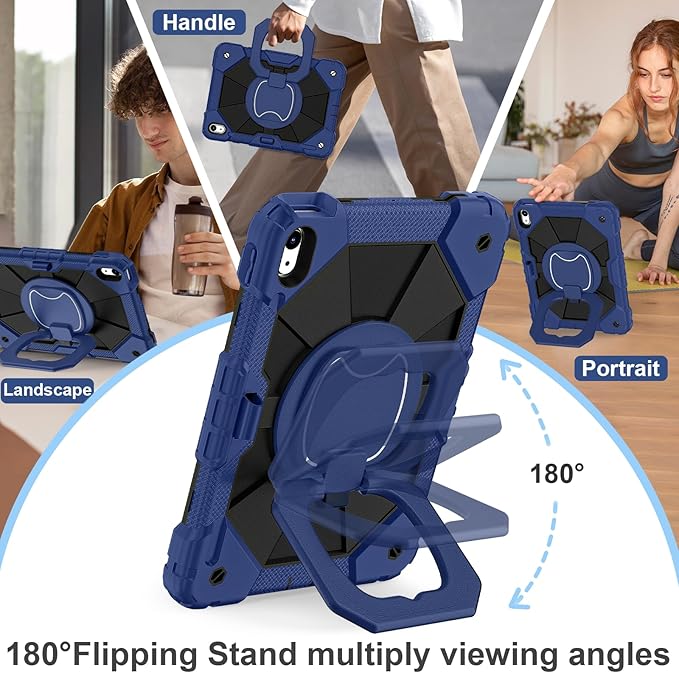 Case for iPad (A16) 11th Generation 11 Inch (2025) / iPad 10th Generation Case 10.9 Inch (2022) with 360° Rotating Stand Screen Protector Pen Holder Shoulder Strap, Navy Black