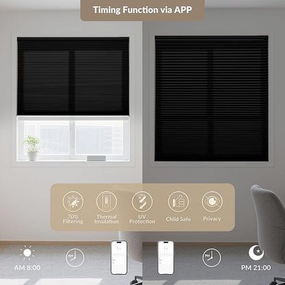 Boolegon No Drill Motorized Cellular Blinds with Remote Motorized Blackout Honeycomb Blinds for Indoor Windows Easy to Install Automatic Cellular Shades for Home,Light Filtering Black,Custom Size