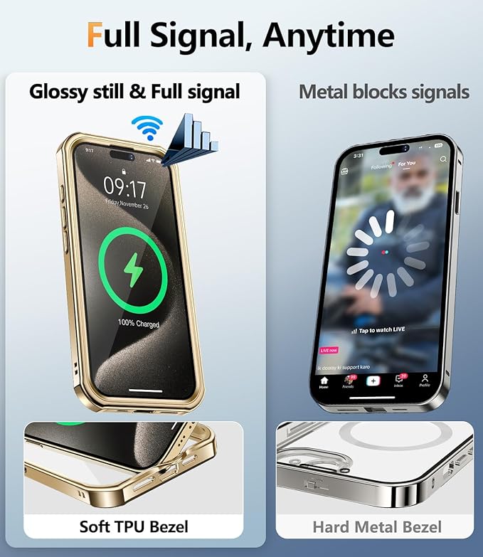 [360° Rotatable CD Stand & Built-in Privacy Screen Magnetic Case for iPhone 15 Pro [Compatible with MagSafe & Full Signal] Mil-Grade Shockproof Full Body Anti-Spy Cover for 15 Pro-Gold