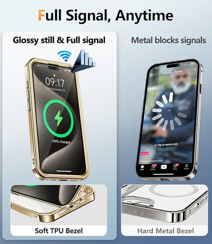 [360° Rotatable CD Stand & Built-in Privacy Screen Magnetic Case for iPhone 15 Pro [Compatible with MagSafe & Full Signal] Mil-Grade Shockproof Full Body Anti-Spy Cover for 15 Pro-Gold