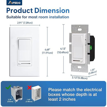 Amico 12 Pack Light Dimmer Switch, No Neutral Wire, Single Pole or 3-Way, for Dimmable LED/CFL (150W) & Halogen/Incandescent (600W), Slide to Dim, White with Wall Plates Included, ETL Listed