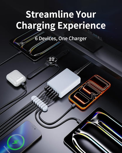 USB C Fast Charger, 105W GaN 6-Port Desktop USB Charging Station Hub, USB C Charger Block Wall Charger for iPhone 17/16/15/14/13/12/11, iPad, Samsung and More (Cable Organizer Included)