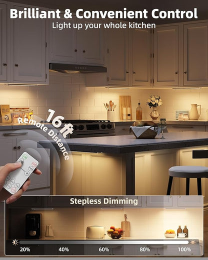 EZVALO 3 Pack Under Cabinet Lighting, Rechargeable Motion Sensor Light, LED Closet Lights Wireless, 3500K Dimmable, Timer, Magnetic, with Remote Control for Kitchen, Closet, Stair