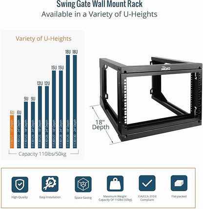 Tecmojo 6U Wall Mount Server Rack, Open Frame Network Rack for 19" Computer/AV/Data/IT/Media Equipment, 18" Depth, 16" Apart Mounting Holes, Swing Gate, Square and Tapped Holes