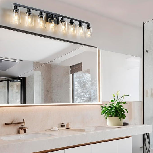 DIKAIDA 8 Light Bathroom Vanity Lights Over Mirror, 52inch Black Vanity Lights Fixtures Matte Black Modern Vanity Lights Black Bathroom Wall Lighting for Mirror Bedroom,Living Room