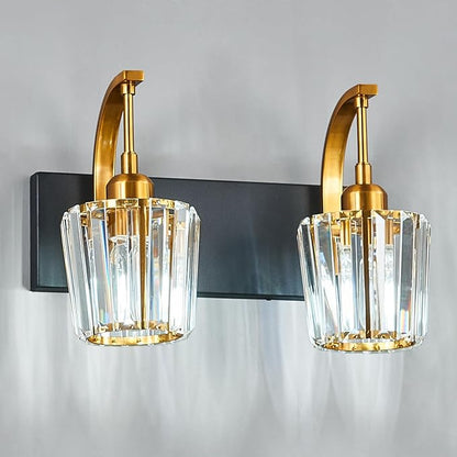 FDPBY Modern Bathroom Vanity Light, 2-Light Black Gold Wall Sconce with Crystal Accents, Over Mirror Bathroom Lighting Fixture, 13.77" Long Dimmable Vanity Lamp for Makeup, Easy Installation