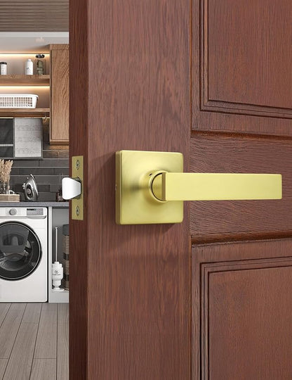 Mengico 1 Pack Passage Door Levers Gold Finish, No-Locking Keyless Square Door Knob, Interior Door Handles for Closet and Hallway, Reversible for Left & Right Handed