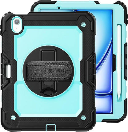 timecity Case for iPad Air 11 Inch M3/ M2 (2025/2024), 360° Rotating Stand, Pencil Holder & Wireless Charging, Shockproof with Screen Protector & Shoulder Strap - for Designers, Blue