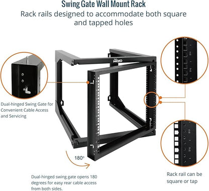 Tecmojo 9U Rack Wall Mount with Swing Gate, 9U Server Rack for 19inch Computer/AV/Data/IT/Media Equipment, Open Frame Server Rack with 24inch Depth, Square&Tapped Holes