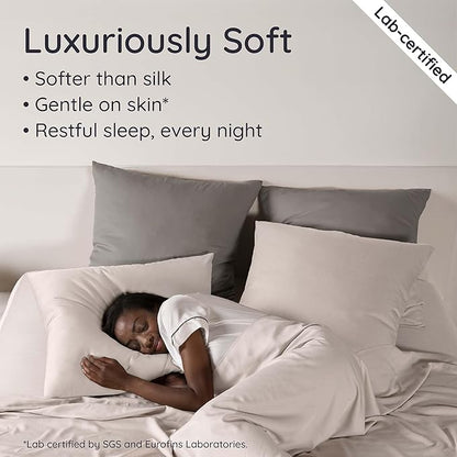 Bambaw 100% Viscose Derived from Bamboo Sheets Queen Size Set – 4pcs Cooling Sheets for Hot Sleepers, Soft Deep Pocket Queen Sheet Set Fits Up to 16'' with Elastic Corner Straps (Sand)