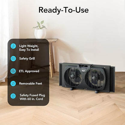 Comfort Zone Window Fan for Bedroom, 9 inch 3 Speed Dual Fans with Auto-Locking Expanders, Window Exhaust Fan, Removeable Bug Screen, Black