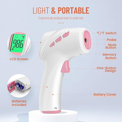 Forehead Thermometer for Adults, Kids & Babies, No-Touch Digital Thermometer with LCD Backlight Display, Fever Alarm and 1s Instant Reading - Pink