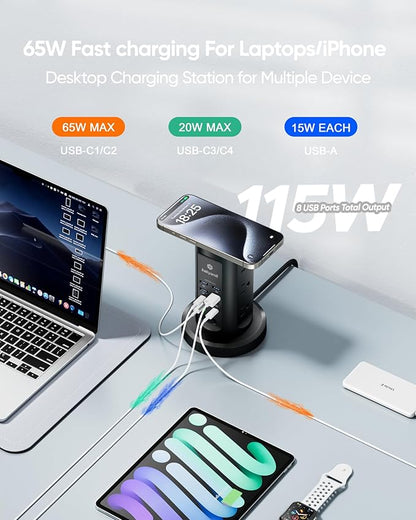 Kakyanill 115W USB Charging Station, Surge Protector Power Strip Tower, 9 AC Outlets with 8 USB Ports(4 USB-C), 6Ft Flat Plug Retractable Extension Cord, for Home Office Dorm, Black