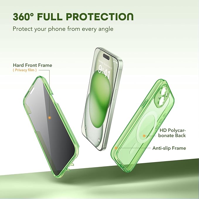 Magnetic for iPhone 15 Plus Case, Compatible with MagSafe, Built-in Privacy Screen Protector and Camera Protection, Anti Spy Full Body Dustproof Shockproof Hard Phone Case 6.7", Bright Green
